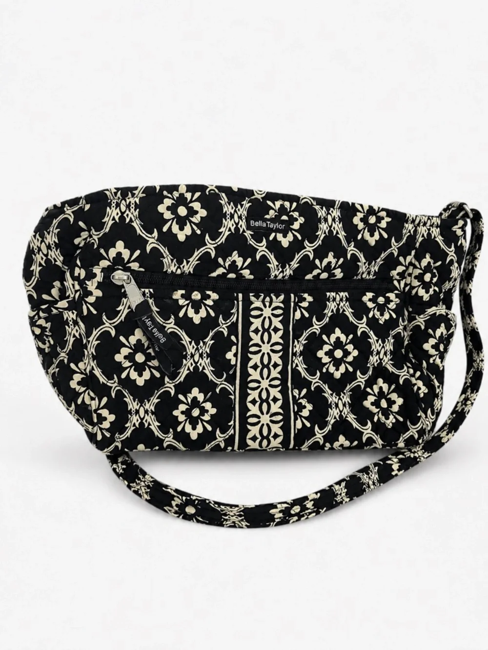 Bella Taylor Black & White Quilted Shoulder Bag Floral Print Zip Pocke